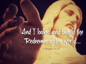 A closeup of the Christus (Jesus Christ) statue and a scripture about the Redeemer of the world.